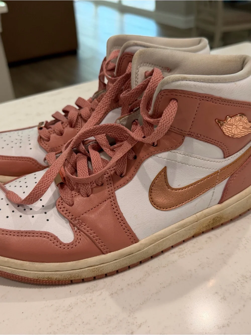 Nike Jordan Air Women High-Top in Rose and White with Metallic Rose Swoosh W9